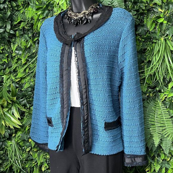 Y2K BANDOLINO Sweater Women Medium Teal Blue Knit Cardigan Ribbon Lace 2076 - Picture 1 of 8